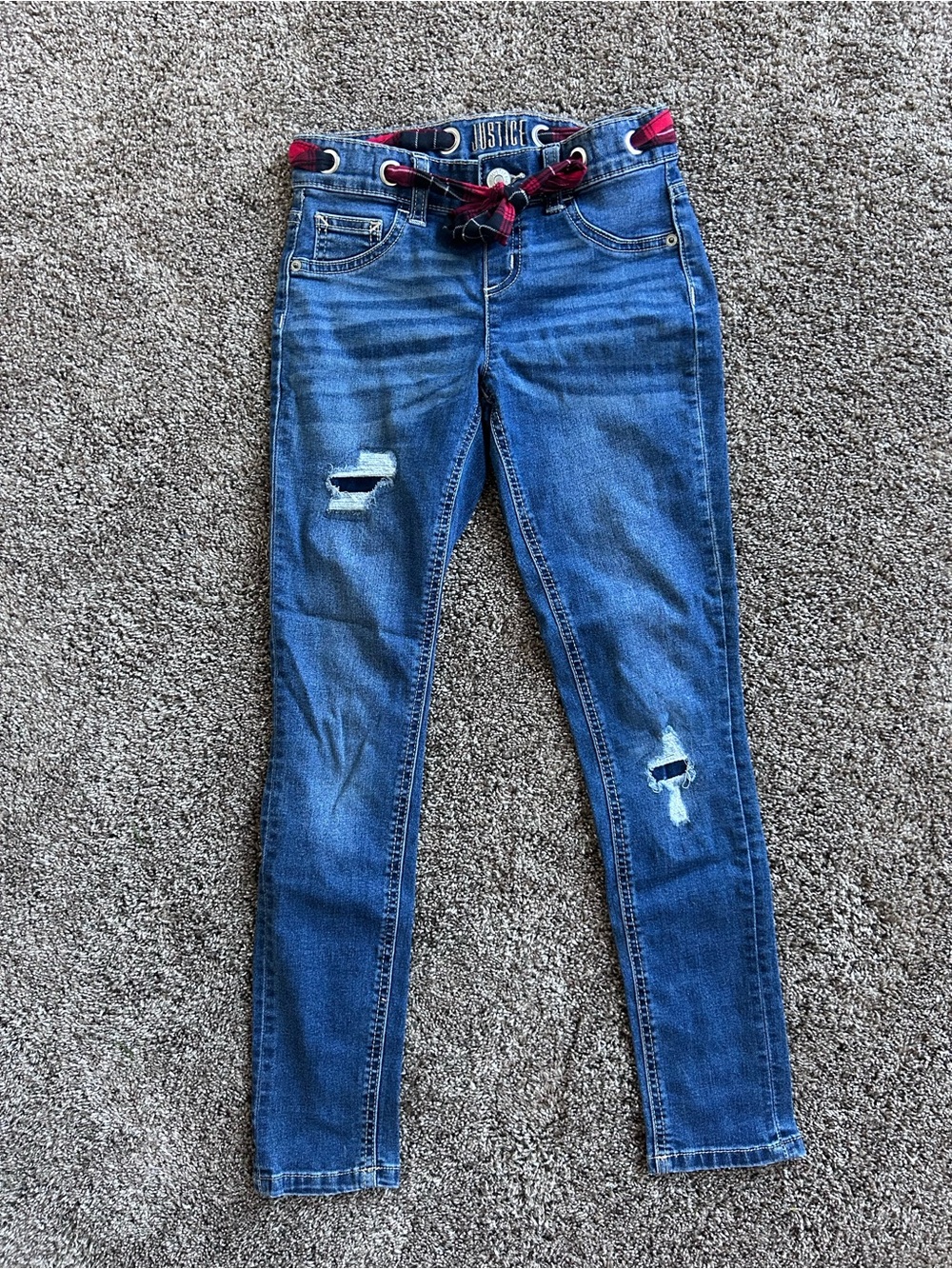 Justice Girls Dark Blue Distressed Skinny Jeans with Plaid Tie Belt Size 10